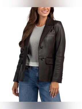 Anne Klein Missy Single Breasted Chocolate Brown 100% Leather Blazer